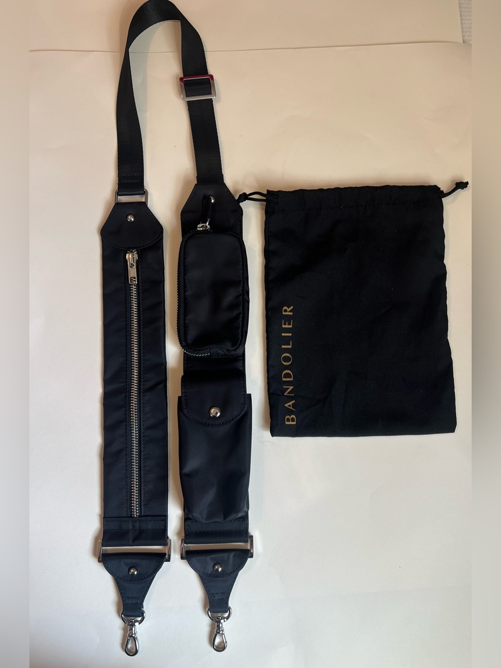 Bandolier Black Multi-Pocket Utility Adjustable Crossbody Strap with Dust Bag